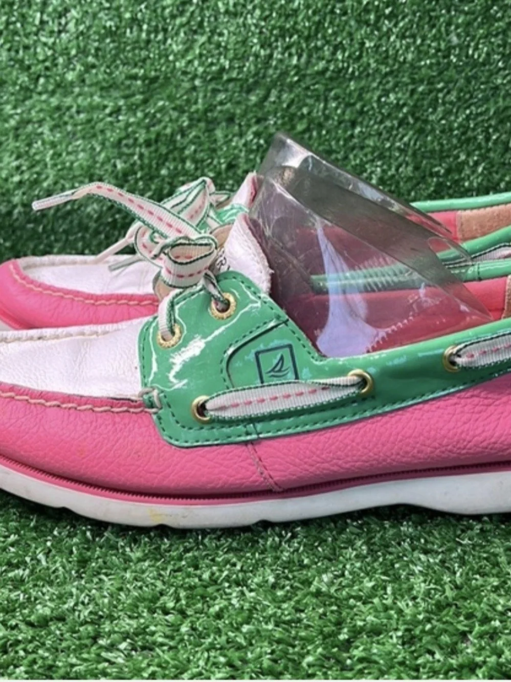 Sperry Pink Green White Plaid-Trim Boat Shoes